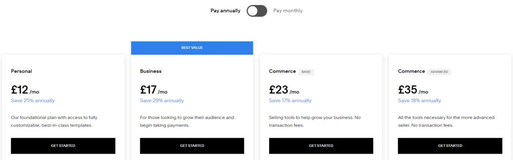 Shopify vs Squarespace: Squarespace Pricing Plans