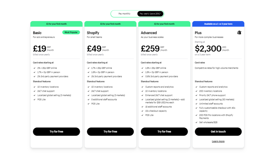 Shopify vs Squarespace: Shopify Pricing Plans